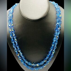 Vintage Vendome Blue AB Teardrop Glass Bead Double Strand Necklace